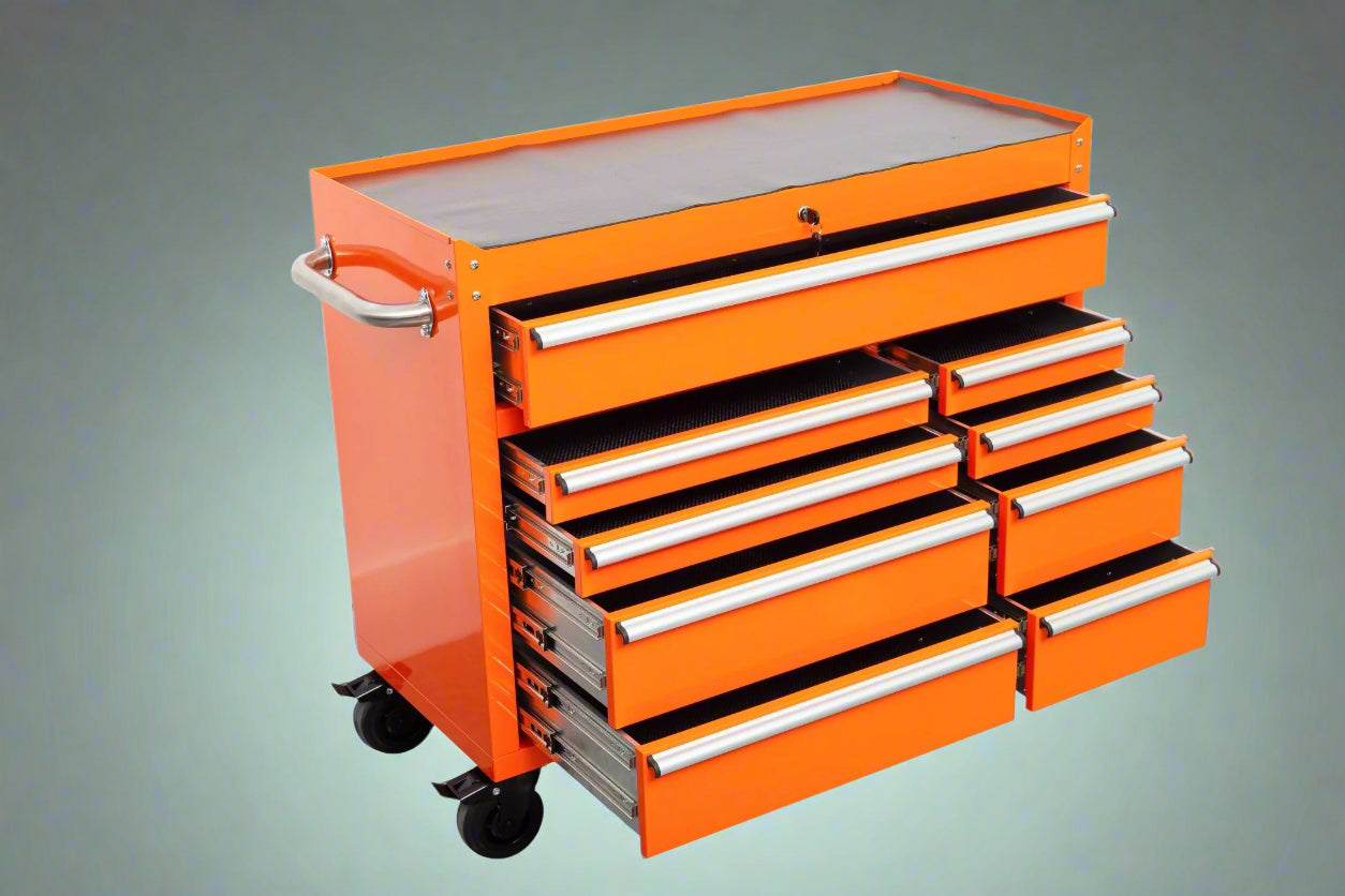 42" 9 - Drawer Rolling Tool Bench – Heavy - Duty Garage Cabinet - with Orange