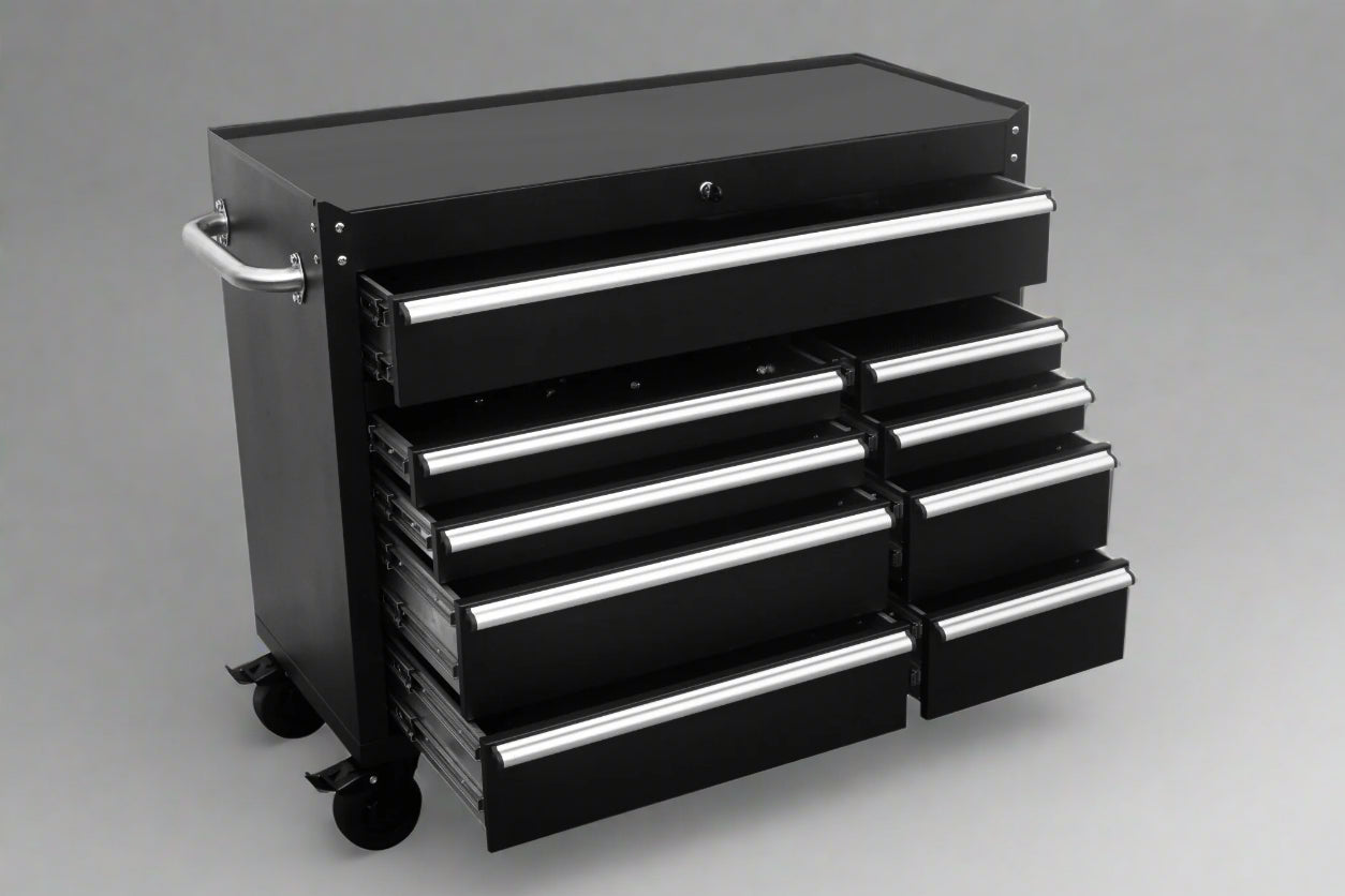 42" 9-Drawer Matte Black Tool Bench – Angled View