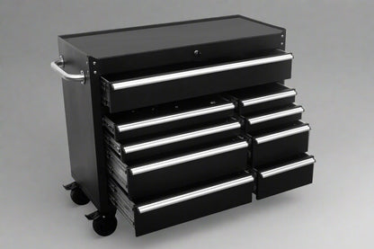 42" 9-Drawer Matte Black Tool Bench – Angled View