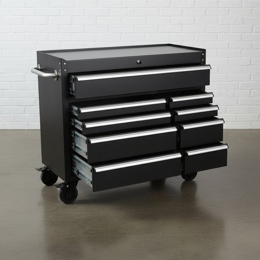 42" 9-Drawer Matte Black Tool Bench – Angled View