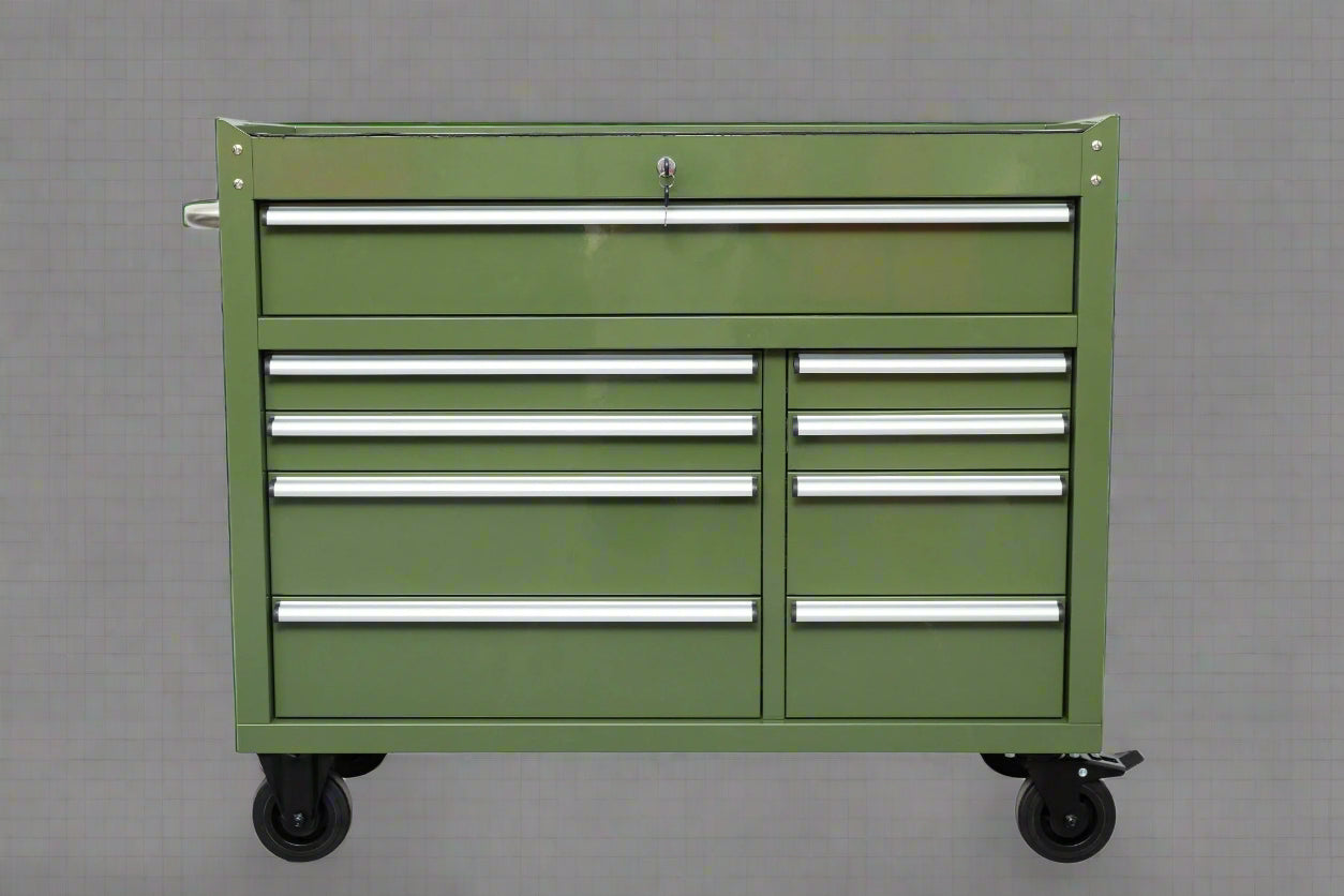 New42" 9 - Drawer Rolling Tool Bench – Heavy - Duty Garage Cabinet - with Olive Green