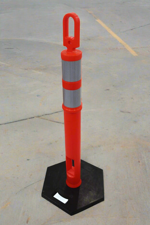 42-inch orange traffic delineator with rubber base
Close-up of reflective bands on safety post
Weighted base for stability on delineator post
Construction zone traffic control delineator
Safety post for pedestrian and event guidance