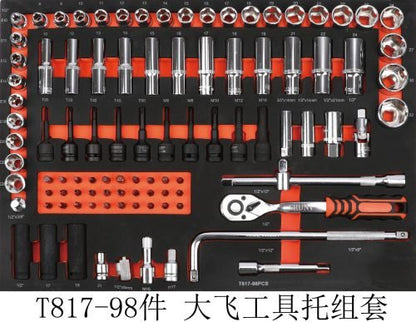 Front view of 421-piece mechanic tool cabinet with drawers

Drawer open showing organized socket tray

Tool tray with wrenches and pliers inside cabinet

Rolling steel tool cabinet with side handle

Heavy-duty mechanic tool trolley with casters