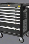 Front view of 421-piece mechanic tool cabinet with drawers

Drawer open showing organized socket tray

Tool tray with wrenches and pliers inside cabinet

Rolling steel tool cabinet with side handle

Heavy-duty mechanic tool trolley with casters