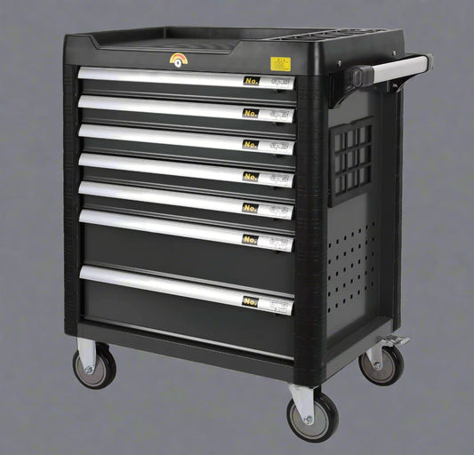Front view of 421-piece mechanic tool cabinet with drawers

Drawer open showing organized socket tray

Tool tray with wrenches and pliers inside cabinet

Rolling steel tool cabinet with side handle

Heavy-duty mechanic tool trolley with casters