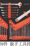 Front view of 421-piece mechanic tool cabinet with drawers

Drawer open showing organized socket tray

Tool tray with wrenches and pliers inside cabinet

Rolling steel tool cabinet with side handle

Heavy-duty mechanic tool trolley with casters
