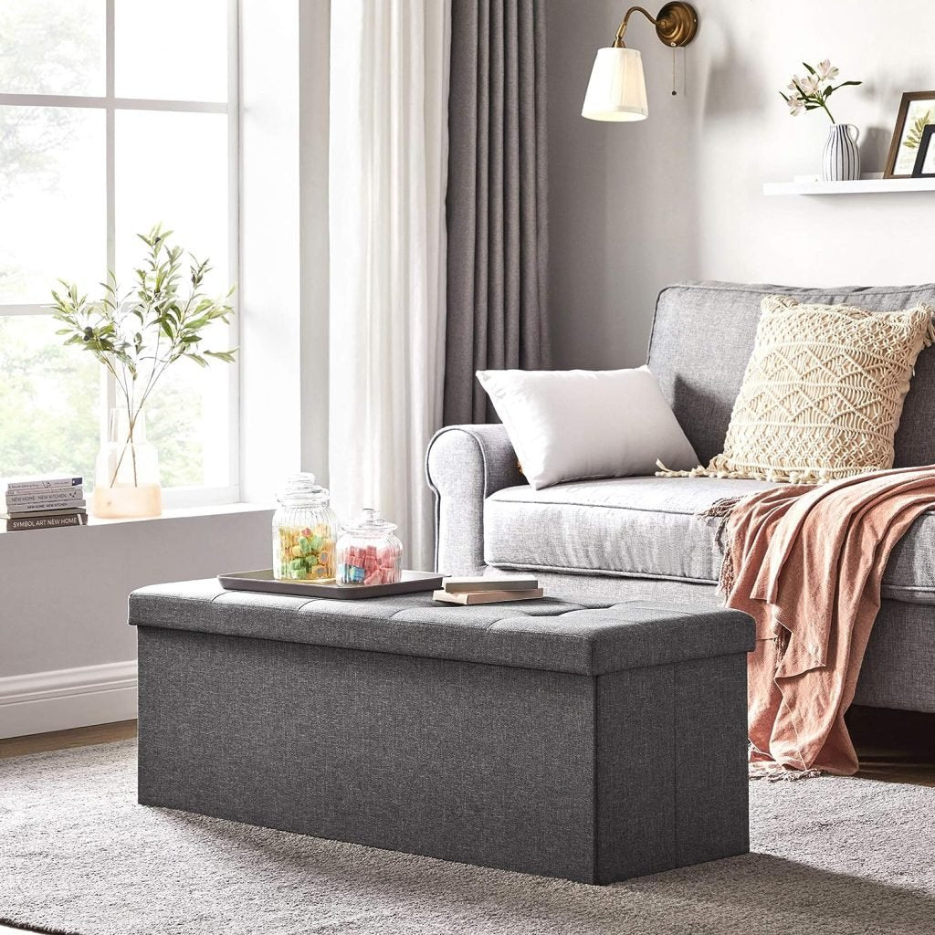 New 43 - Inch Folding Storage Bench – Gray Ottoman with Padded Seat & Footrest for Bedroom or Entryway ULSF77K - with | Sold by Uncle Wiener's Wholesale