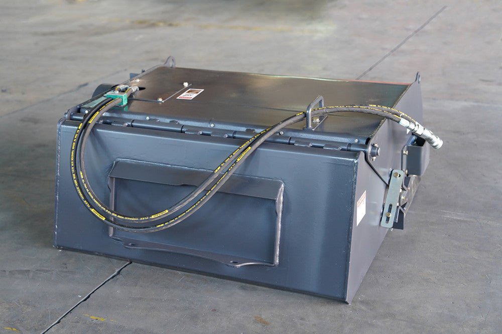 Front View of Hydraulic Pickup Box Broom Sweeper for Skid Steers

Mini Skid Steer Broom with High-Capacity Debris Bin – 44 Inch

Replaceable Brush Bristles on Hydraulic Sweeper Attachment

Angled View of MSBB1120 Mounted on Mini Skid Steer

Industrial Cleanup Tool – Skid Steer Pickup Broom with Collector