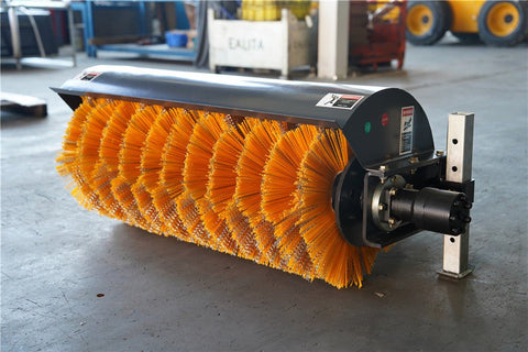 44-Inch Hydraulic Rotary Broom Sweeper Attached to Mini Skid Steer

Close-Up View of Nylon and Metal Brush Sections on Broom Sweeper

Side Profile of MSAB1120 Skid Steer Sweeper Attachment

Top View of Skid Steer Angle Broom with Quick Attach Mount

Brush Section and Hydraulic Motor Detail – Mini Skid Broom Sweeper