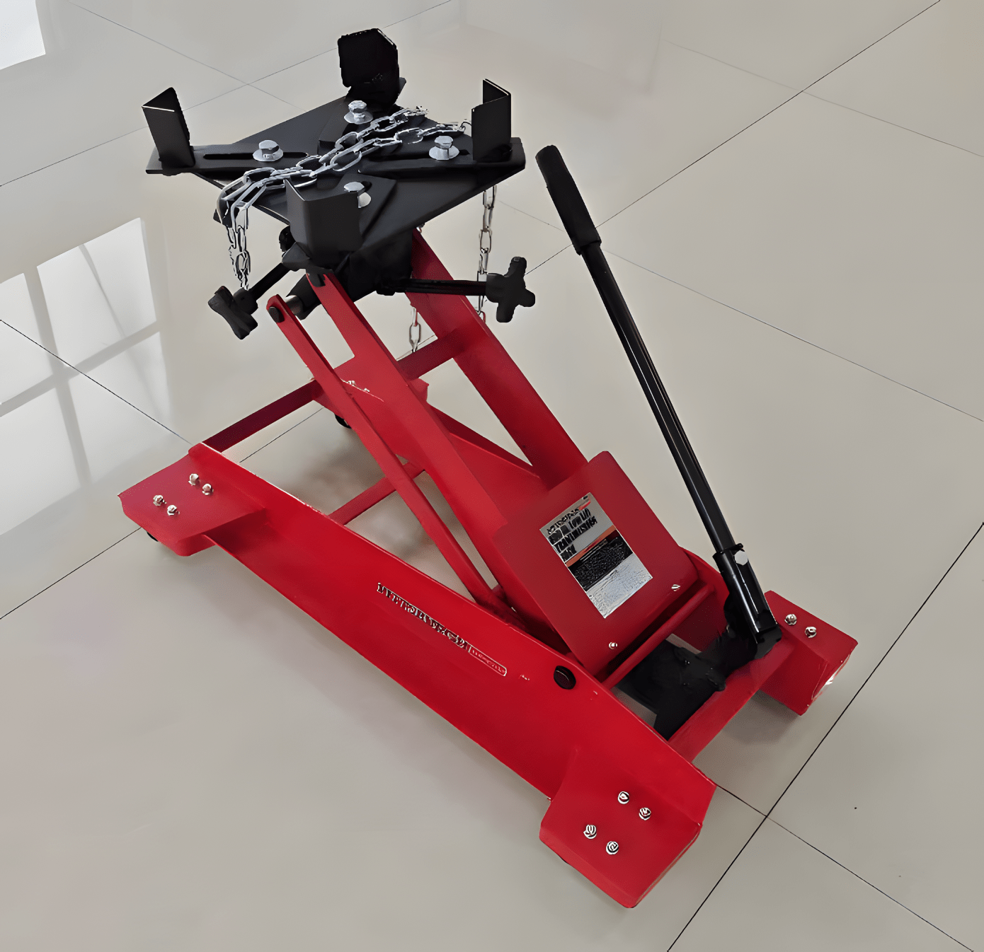 Adjustable 1100 lb transmission lift jack with swivel casters