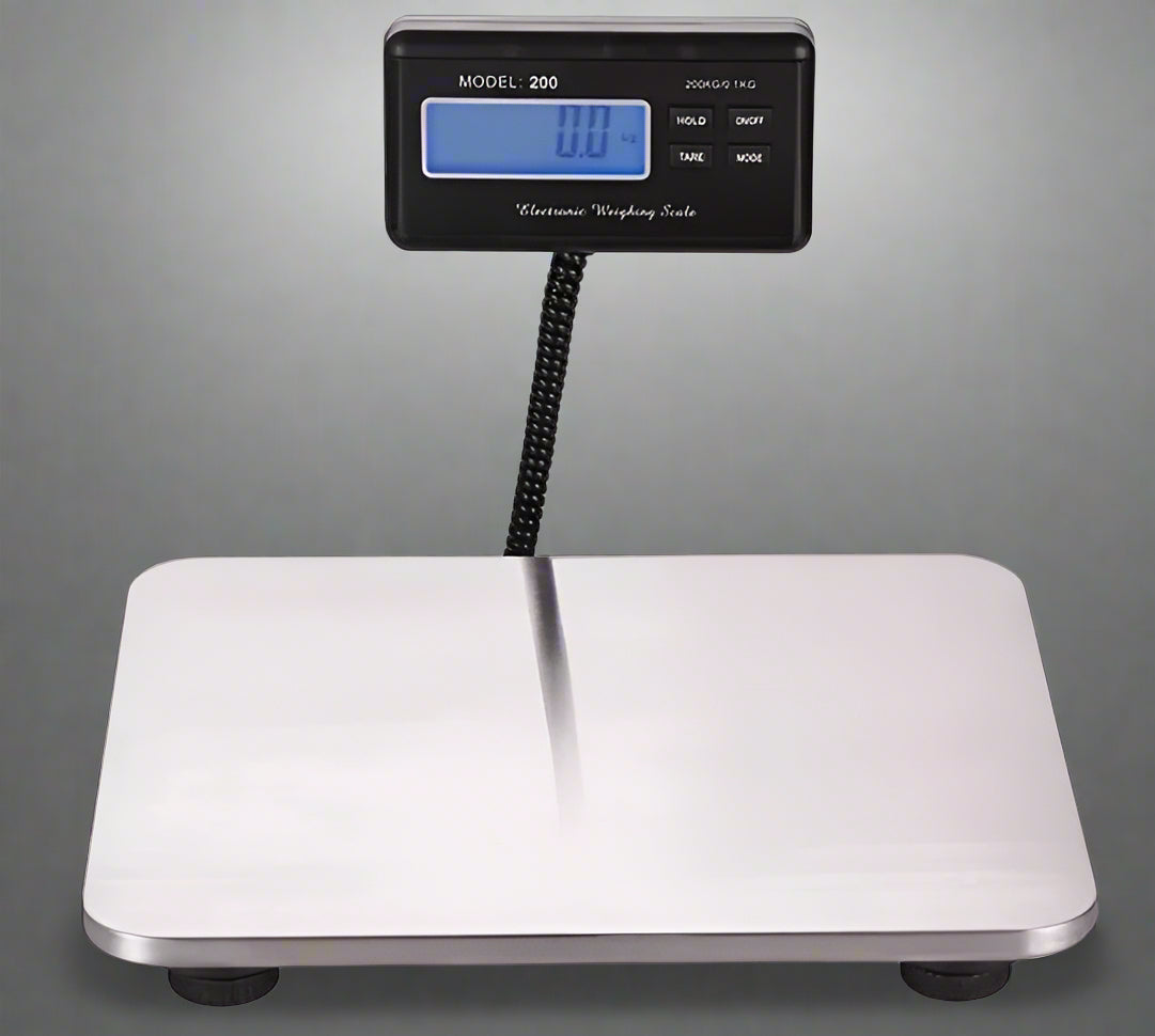 “440lbs digital stainless steel shipping scale with detachable LCD”

“High capacity postal scale for eCommerce and warehouse use”

“Side view of industrial stainless steel shipping scale platform”

“Stainless steel digital scale weighing large package”

“Commercial digital scale with backlit LCD screen and long cord”