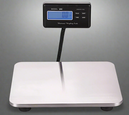“440lbs digital stainless steel shipping scale with detachable LCD”

“High capacity postal scale for eCommerce and warehouse use”

“Side view of industrial stainless steel shipping scale platform”

“Stainless steel digital scale weighing large package”

“Commercial digital scale with backlit LCD screen and long cord”