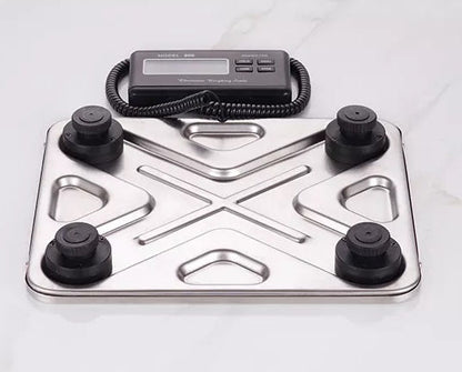 “440lbs digital stainless steel shipping scale with detachable LCD”

“High capacity postal scale for eCommerce and warehouse use”

“Side view of industrial stainless steel shipping scale platform”

“Stainless steel digital scale weighing large package”

“Commercial digital scale with backlit LCD screen and long cord”