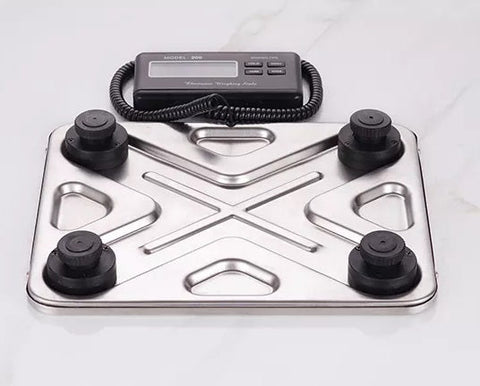 “440lbs digital stainless steel shipping scale with detachable LCD”

“High capacity postal scale for eCommerce and warehouse use”

“Side view of industrial stainless steel shipping scale platform”

“Stainless steel digital scale weighing large package”

“Commercial digital scale with backlit LCD screen and long cord”