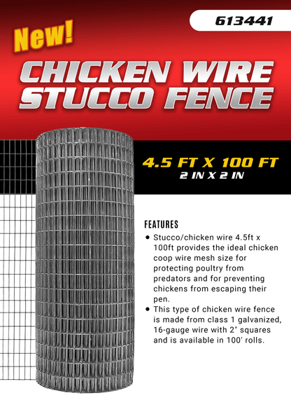 "Heavy Duty 4.5 ft x 100 ft Chicken Wire Fence Roll"

"Galvanized Stucco Wire Fence with 2x2 Inch Mesh"

"Outdoor Garden and Poultry Chicken Wire Fencing"

"Durable 4.5 ft High Stucco and Livestock Fence"

"Heavy-Duty Chicken Wire for Garden and Animals"