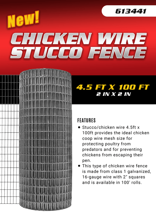 "Heavy Duty 4.5 ft x 100 ft Chicken Wire Fence Roll"

"Galvanized Stucco Wire Fence with 2x2 Inch Mesh"

"Outdoor Garden and Poultry Chicken Wire Fencing"

"Durable 4.5 ft High Stucco and Livestock Fence"

"Heavy-Duty Chicken Wire for Garden and Animals"
