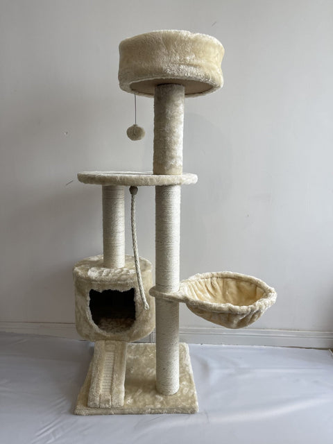 45-inch cream cat tree with scratching posts and condos

Multi-level cat tower with sisal rope posts

Cat furniture with platforms and hideouts