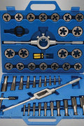 45-piece SAE tap and die threading kit in blue case
Full set of taps, dies, and wrenches organized in tray
Blue metal carrying case with threaded tools
Thread cutting and repair tool set with accessories
Professional-grade tap and die kit with screwdriver and handle