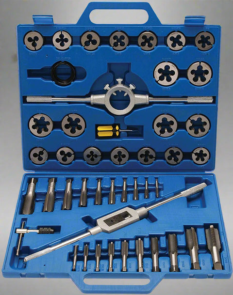 45-piece SAE tap and die threading kit in blue case
Full set of taps, dies, and wrenches organized in tray
Blue metal carrying case with threaded tools
Thread cutting and repair tool set with accessories
Professional-grade tap and die kit with screwdriver and handle