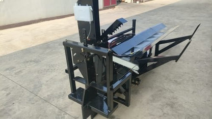 Skid steer firewood processor with 45-ton splitter attached
Log splitter with Stihl saw mounting plate
Firewood processing log cradle and splitting wedge
Heavy-duty 45-ton log processor on worksite
Operator splitting wood from skid steer seat