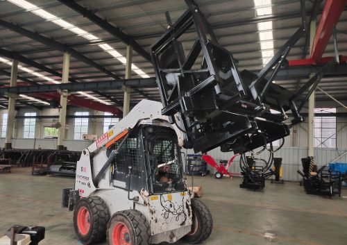 Skid steer firewood processor with 45-ton splitter attached
Log splitter with Stihl saw mounting plate
Firewood processing log cradle and splitting wedge
Heavy-duty 45-ton log processor on worksite
Operator splitting wood from skid steer seat