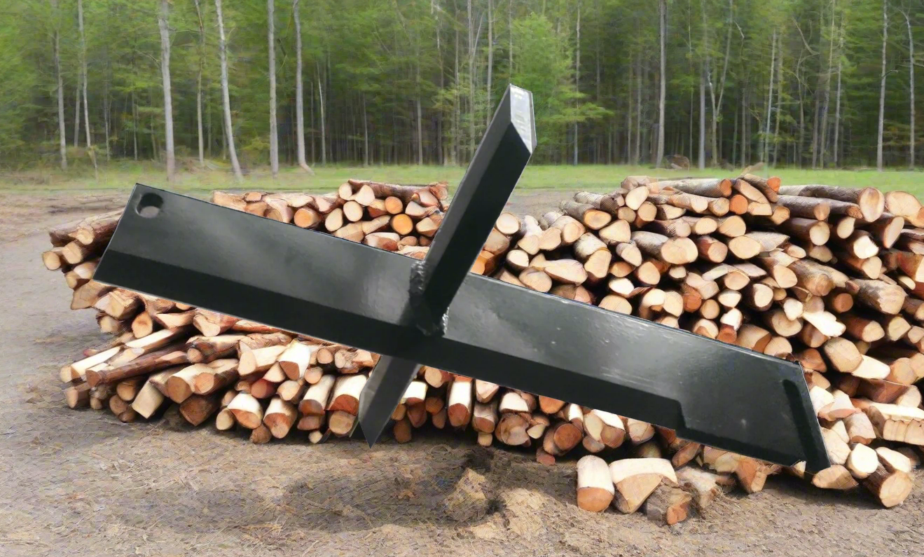 Skid steer firewood processor with 45-ton splitter attached
Log splitter with Stihl saw mounting plate
Firewood processing log cradle and splitting wedge
Heavy-duty 45-ton log processor on worksite
Operator splitting wood from skid steer seat