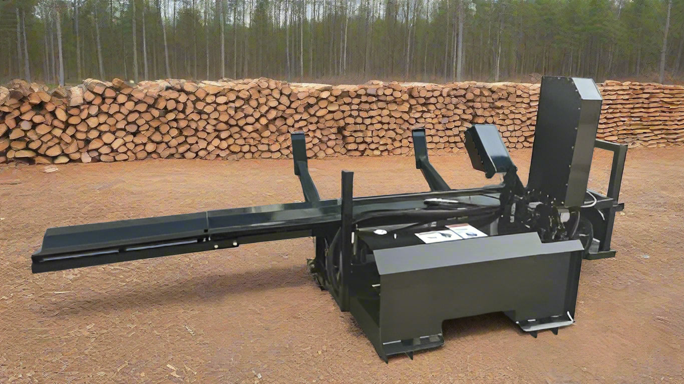 Skid steer firewood processor with 45-ton splitter attached
Log splitter with Stihl saw mounting plate
Firewood processing log cradle and splitting wedge
Heavy-duty 45-ton log processor on worksite
Operator splitting wood from skid steer seat