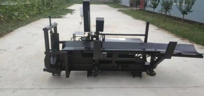 Skid steer firewood processor with 45-ton splitter attached
Log splitter with Stihl saw mounting plate
Firewood processing log cradle and splitting wedge
Heavy-duty 45-ton log processor on worksite
Operator splitting wood from skid steer seat