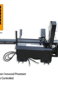 Skid steer firewood processor with 45-ton splitter attached
Log splitter with Stihl saw mounting plate
Firewood processing log cradle and splitting wedge
Heavy-duty 45-ton log processor on worksite
Operator splitting wood from skid steer seat