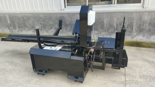 Skid steer firewood processor with 45-ton splitter attached
Log splitter with Stihl saw mounting plate
Firewood processing log cradle and splitting wedge
Heavy-duty 45-ton log processor on worksite
Operator splitting wood from skid steer seat