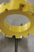 450 lb yellow stacking wheel weight for John Deere
Rear view showing the bolt pattern of the John Deere wheel weight
Side profile of the cast iron stacking weight
Painted yellow OEM-style weight for tractors
