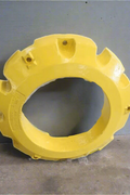 450 lb yellow stacking wheel weight for John Deere
Rear view showing the bolt pattern of the John Deere wheel weight
Side profile of the cast iron stacking weight
Painted yellow OEM-style weight for tractors