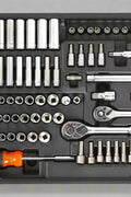 450-piece mechanics tool set with black heavy-duty case
Mechanics socket set tools organized in carry box
Automotive tool kit with labeled compartments
Full mechanics toolkit for car and garage repair
Top-down view of 450-piece tool collection in case