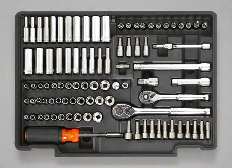450-piece mechanics tool set with black heavy-duty case
Mechanics socket set tools organized in carry box
Automotive tool kit with labeled compartments
Full mechanics toolkit for car and garage repair
Top-down view of 450-piece tool collection in case