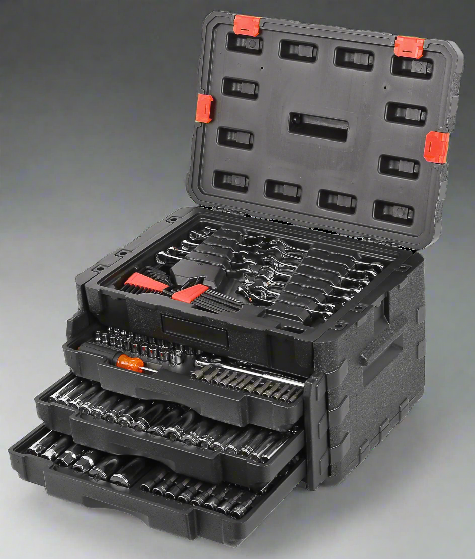 450-piece mechanics tool set with black heavy-duty case
Mechanics socket set tools organized in carry box
Automotive tool kit with labeled compartments
Full mechanics toolkit for car and garage repair
Top-down view of 450-piece tool collection in case