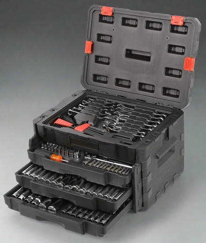 450-piece mechanics tool set with black heavy-duty case
Mechanics socket set tools organized in carry box
Automotive tool kit with labeled compartments
Full mechanics toolkit for car and garage repair
Top-down view of 450-piece tool collection in case