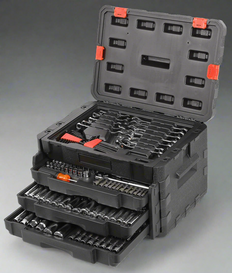 450-piece mechanics tool set with black heavy-duty case
Mechanics socket set tools organized in carry box
Automotive tool kit with labeled compartments
Full mechanics toolkit for car and garage repair
Top-down view of 450-piece tool collection in case