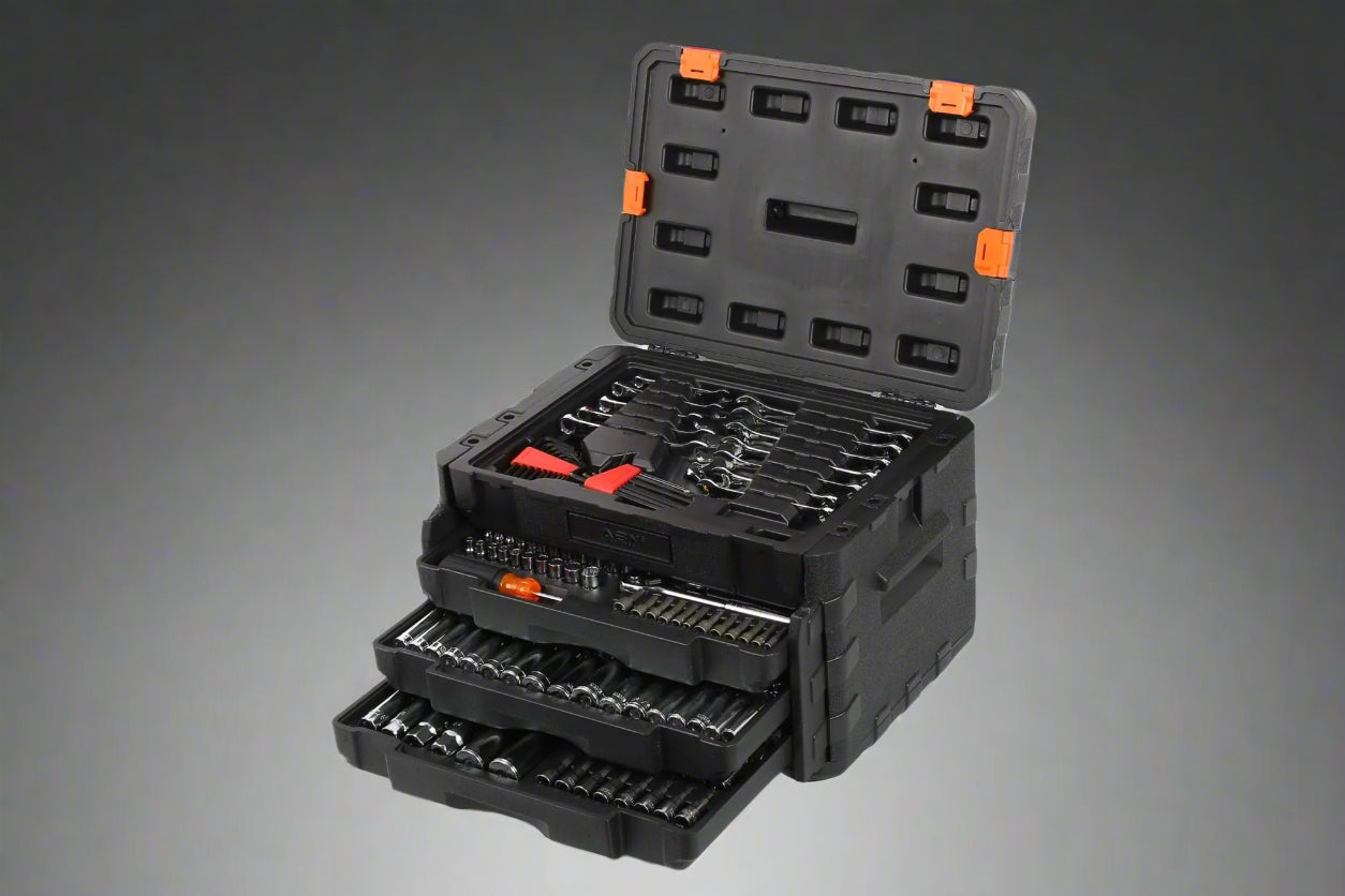 450-piece mechanics tool set with black heavy-duty case
Mechanics socket set tools organized in carry box
Automotive tool kit with labeled compartments
Full mechanics toolkit for car and garage repair
Top-down view of 450-piece tool collection in case