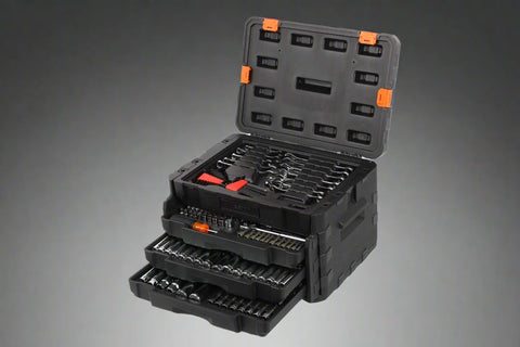 450-piece mechanics tool set with black heavy-duty case
Mechanics socket set tools organized in carry box
Automotive tool kit with labeled compartments
Full mechanics toolkit for car and garage repair
Top-down view of 450-piece tool collection in case