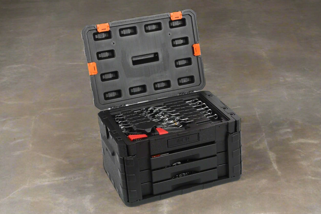 450-piece mechanics tool set with black heavy-duty case
Mechanics socket set tools organized in carry box
Automotive tool kit with labeled compartments
Full mechanics toolkit for car and garage repair
Top-down view of 450-piece tool collection in case