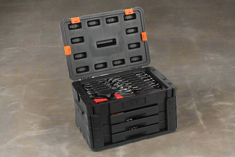 450-piece mechanics tool set with black heavy-duty case
Mechanics socket set tools organized in carry box
Automotive tool kit with labeled compartments
Full mechanics toolkit for car and garage repair
Top-down view of 450-piece tool collection in case
