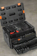 450-piece mechanics tool set with black heavy-duty case
Mechanics socket set tools organized in carry box
Automotive tool kit with labeled compartments
Full mechanics toolkit for car and garage repair
Top-down view of 450-piece tool collection in case