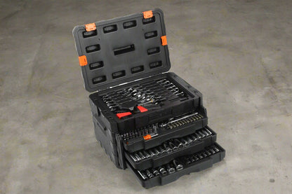 450-piece mechanics tool set with black heavy-duty case
Mechanics socket set tools organized in carry box
Automotive tool kit with labeled compartments
Full mechanics toolkit for car and garage repair
Top-down view of 450-piece tool collection in case