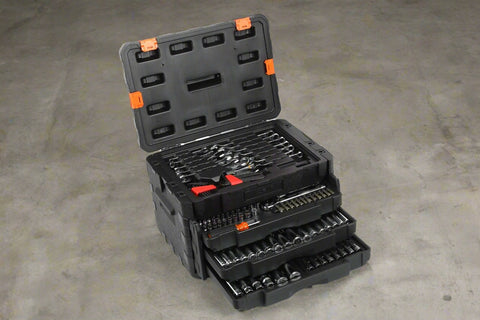 450-piece mechanics tool set with black heavy-duty case
Mechanics socket set tools organized in carry box
Automotive tool kit with labeled compartments
Full mechanics toolkit for car and garage repair
Top-down view of 450-piece tool collection in case