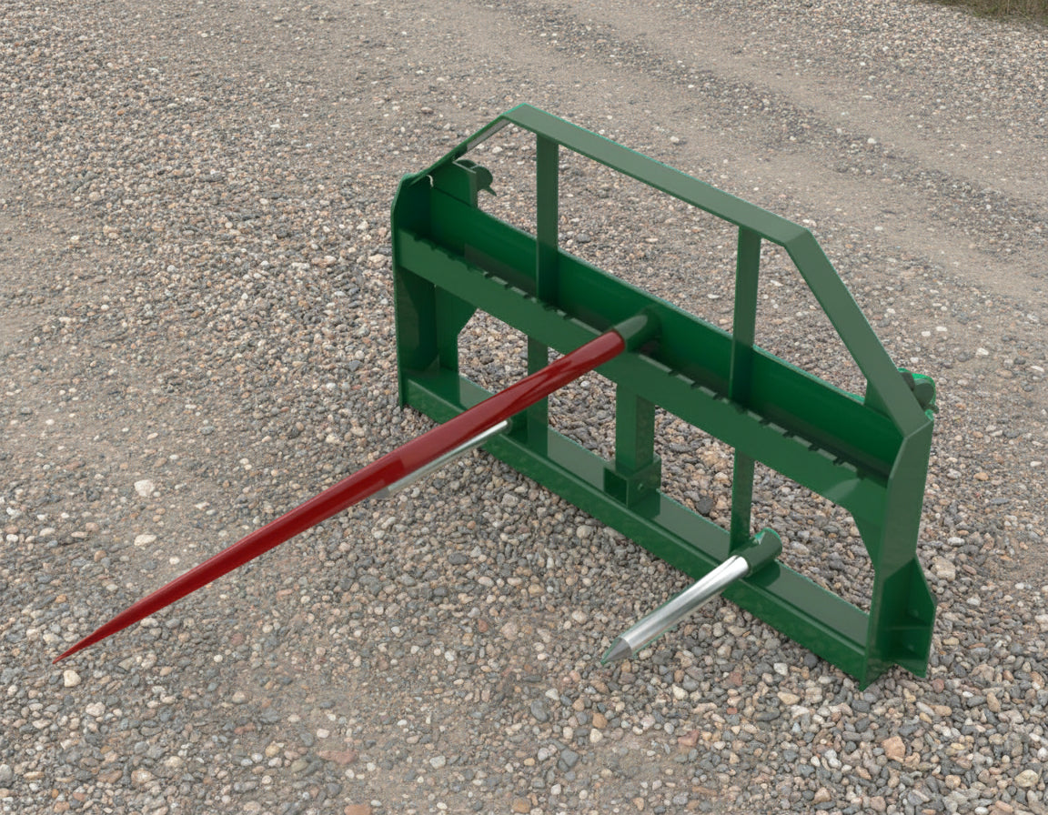 Heavy-duty green hay frame with bale spear for John Deere loader
John Deere-compatible bale spear attachment with headache rack
4500 LB hay spear frame with Conus 2 spear and fork slots