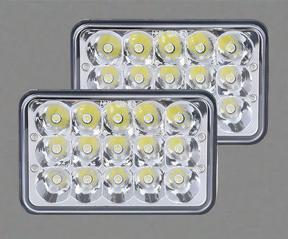 Front view of 45W 4x6 LED truck headlight replacement

45W LED headlamp with CREE chips for off-road use

Waterproof 45W rectangular LED truck headlight LY50455

Back of 4x6 LED headlamp with plug-in wiring

Beam pattern and light output of CREE LED truck headlight