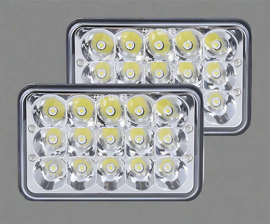 Front view of 45W 4x6 LED truck headlight replacement

45W LED headlamp with CREE chips for off-road use

Waterproof 45W rectangular LED truck headlight LY50455

Back of 4x6 LED headlamp with plug-in wiring

Beam pattern and light output of CREE LED truck headlight