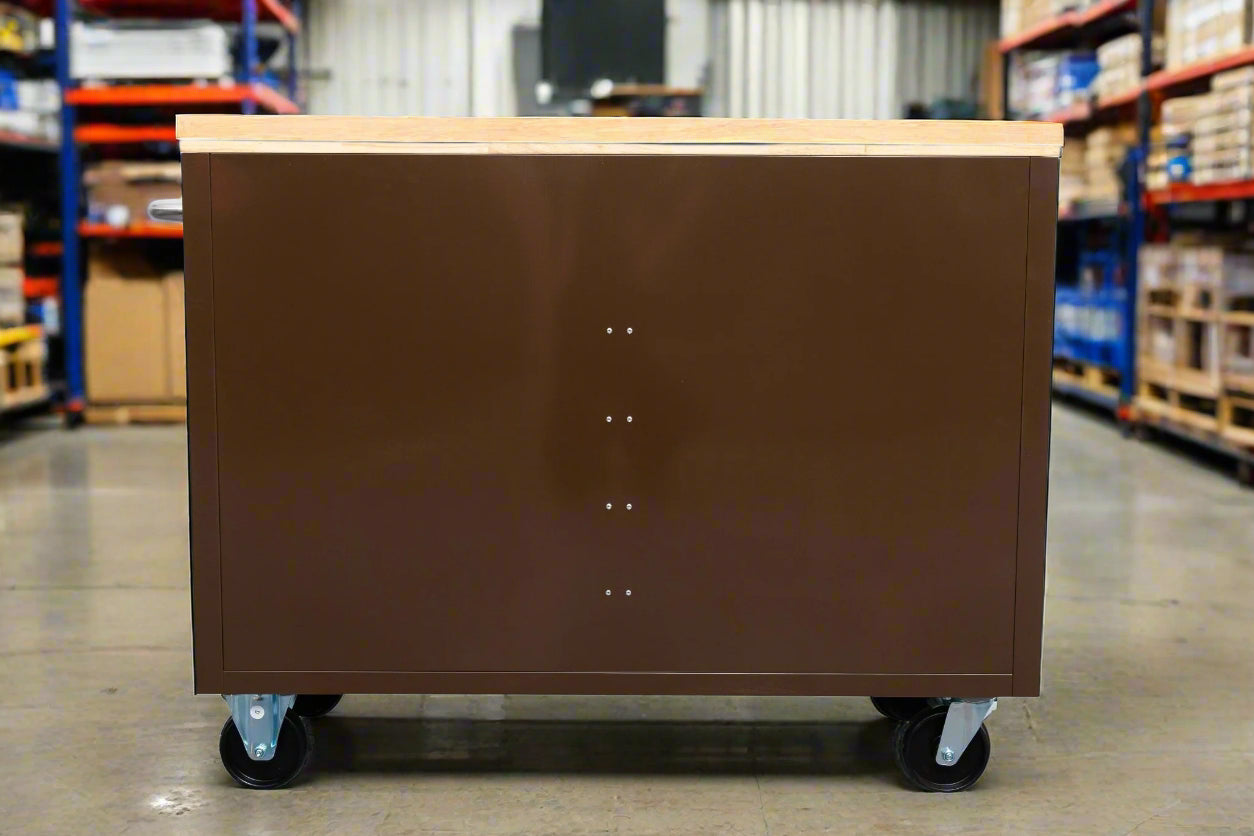 46-inch heavy-duty tool workbench with drawers
Mobile storage cabinet with wood top and wheels
Rolling tool bench in orange and black
Garage workbench with 9 locking drawers