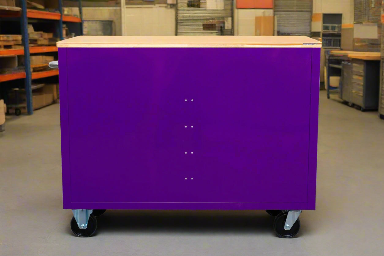 46-inch heavy-duty tool workbench with drawers
Mobile storage cabinet with wood top and wheels
Rolling tool bench in orange and black
Garage workbench with 9 locking drawers