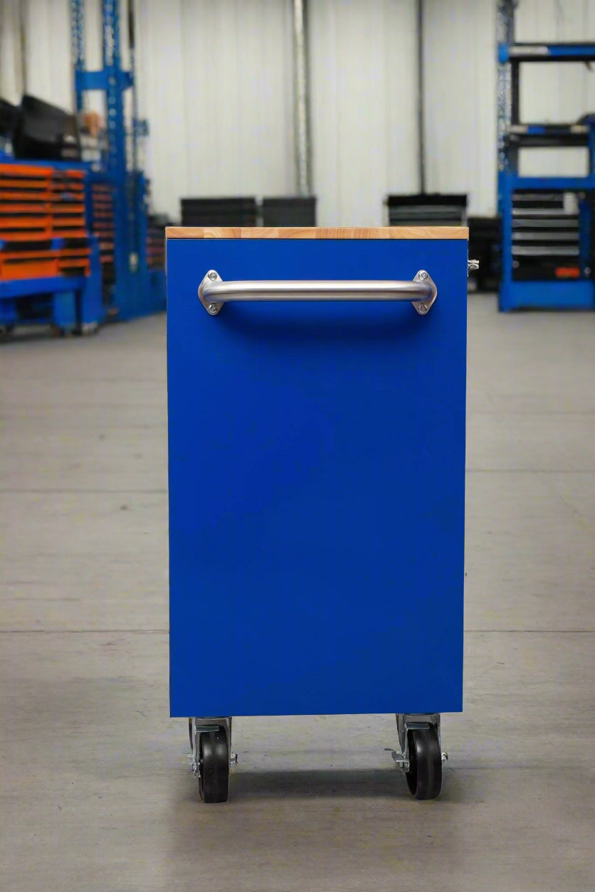 46-inch heavy-duty tool workbench with drawers
Mobile storage cabinet with wood top and wheels
Rolling tool bench in orange and black
Garage workbench with 9 locking drawers